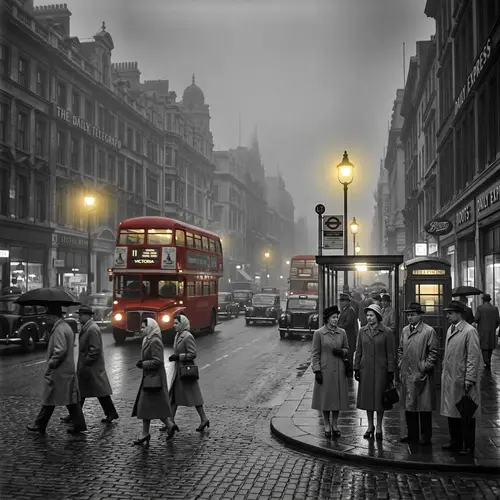 1950s London Fog: Iconic Street Scene with Victorian Buildings