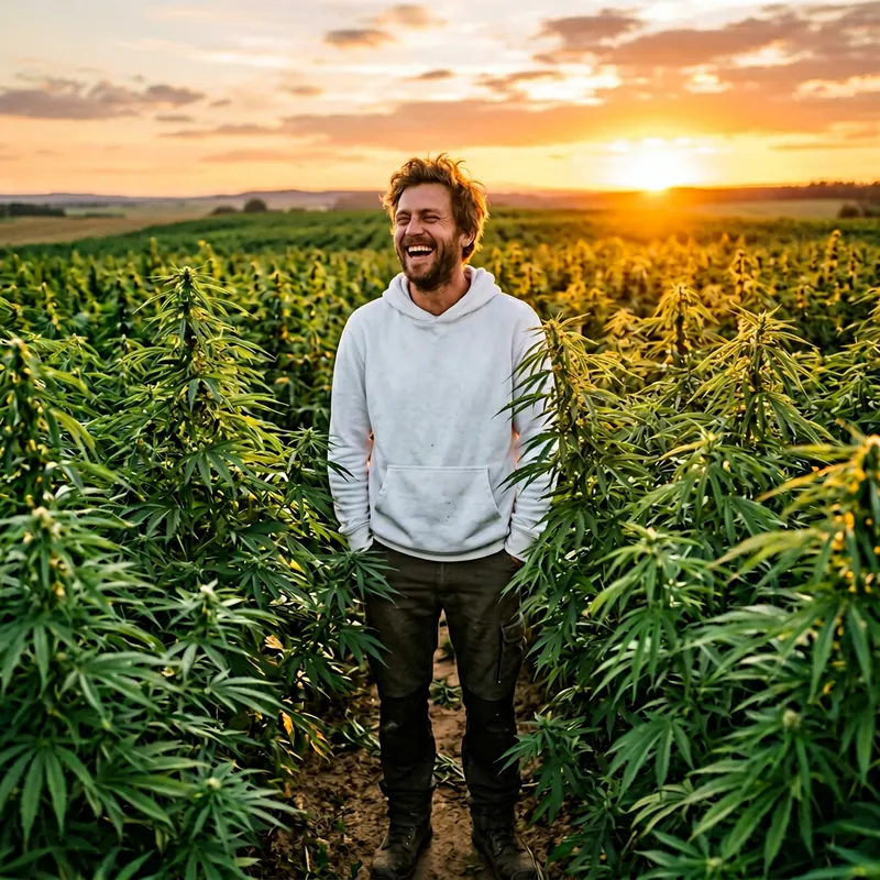 Man Laughing in Hemp Plantation, White Hoodie Man Laughing in Hemp Plantation, White Hoodie