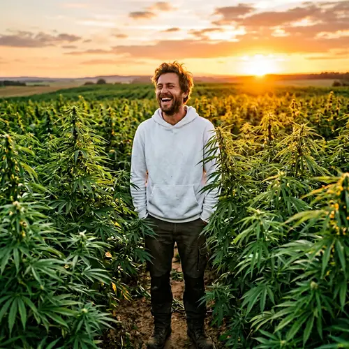 Joyful Caucasian Man in Hemp Plantation at Sunset