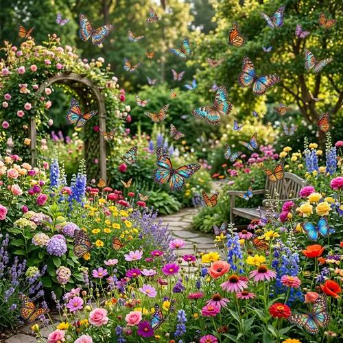 Enchanting Butterfly Garden with Vibrant Flowers and Kaleidoscopic Butterflies