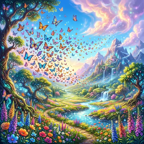 Enchanted World of Nature: Butterfly Kaleidoscope and Dreamlike Clouds