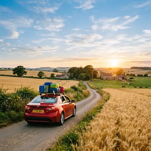 Red Sedan Car Traveling Through Serene Countryside