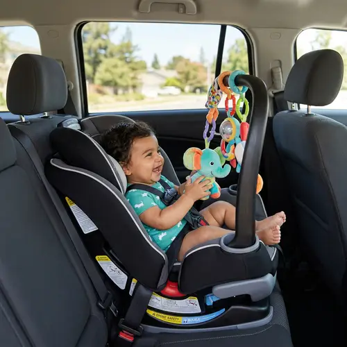 Joyful Middle-Eastern Baby in Modern Car Child's Seat