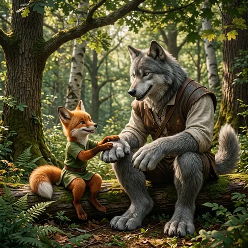 Anthropomorphic Fox and Wolf Sharing a Peaceful Moment in the Forest