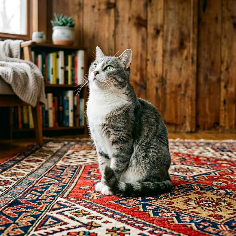 Stunning Domestic Short-Haired Cat on Colorful Rug Stunning Domestic Short-Haired Cat on Colorful Rug