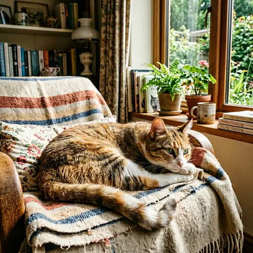 Tawny Cat Lounging in Sunlit Nook