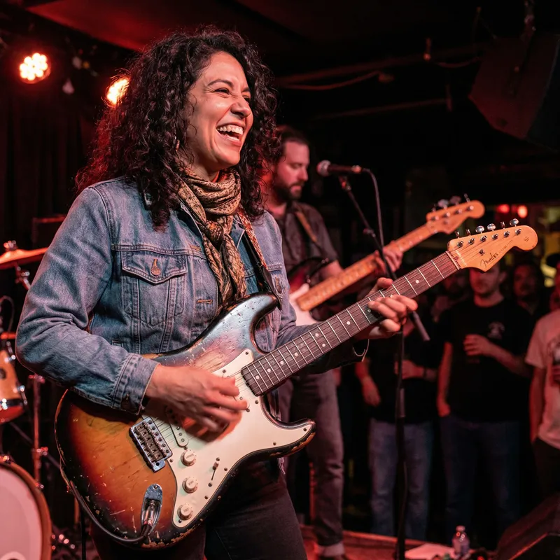 Talented Hispanic Female Guitarist Playing Electric Guitar