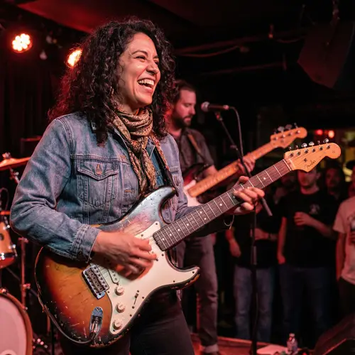 Talented Hispanic Female Guitarist Playing Electric Guitar