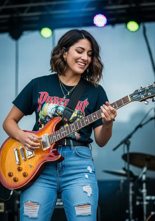 Talented Hispanic Female Guitarist Playing Electric Guitar