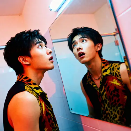 East Asian Boy's Surprising Reflection in Mirror