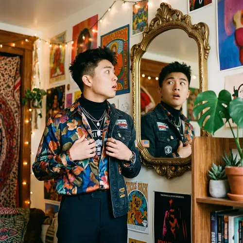 East Asian Boy's Surprising Reflection in Mirror