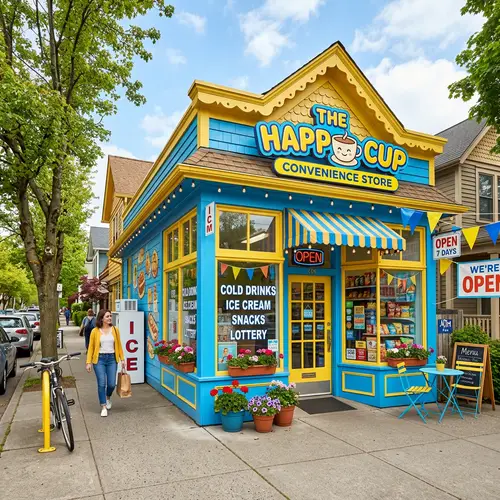 Cute Convenience Store Design in Blue and Yellow