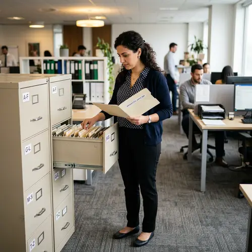 Middle-Eastern Woman near Filing Cabinet - Discover Our Collection
