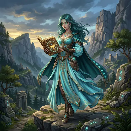 Mystical Female Video Game Character with Green Eyes & Golden Book