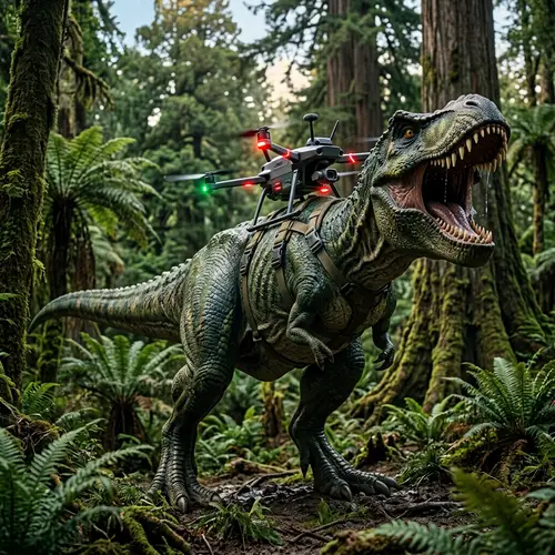 Majestic T-Rex with Modern Drone – Prehistoric Scene
