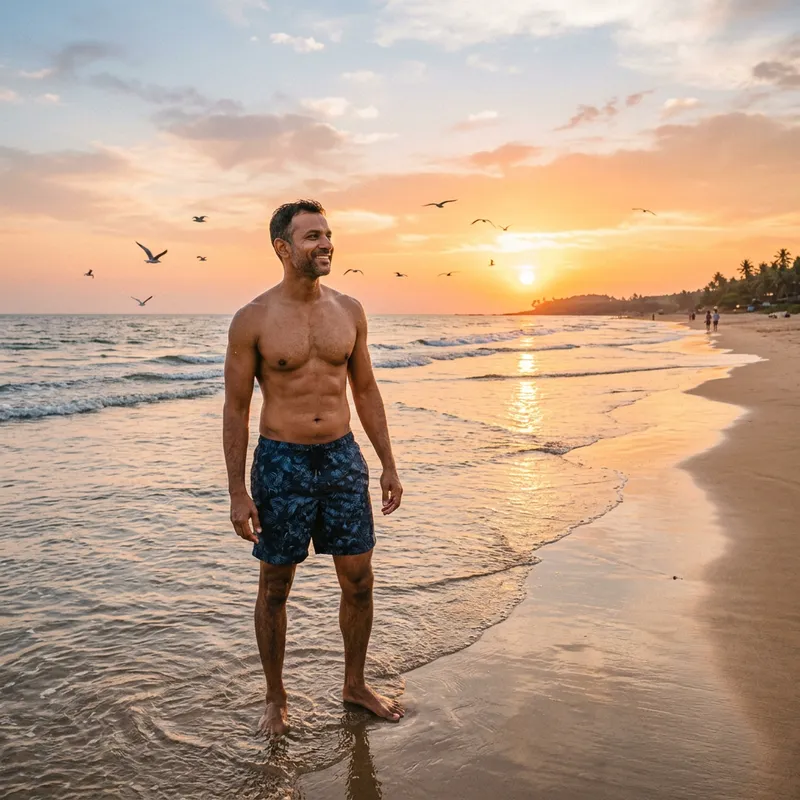 Fit Middle-Aged Man in Shorts Enjoying Seaside Serenity