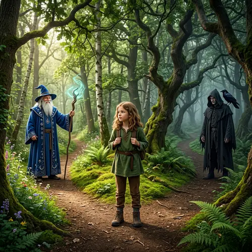 Girl at Crossroads: Fantasy Choice Between Magician and Necromancer