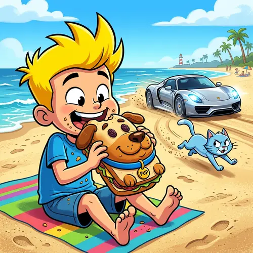 Cartoon Character Eating Sandwich on Beach | Chase Scene