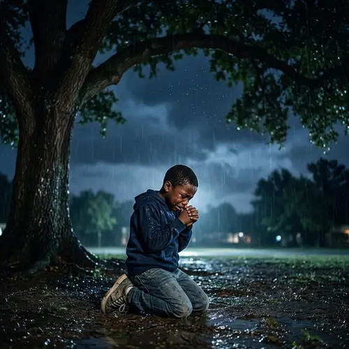 Melancholic Black Boy Kneeling in Rain Under Tree