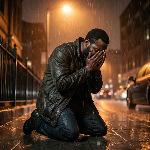 Sad Crying Black Man Kneeling in the Rain