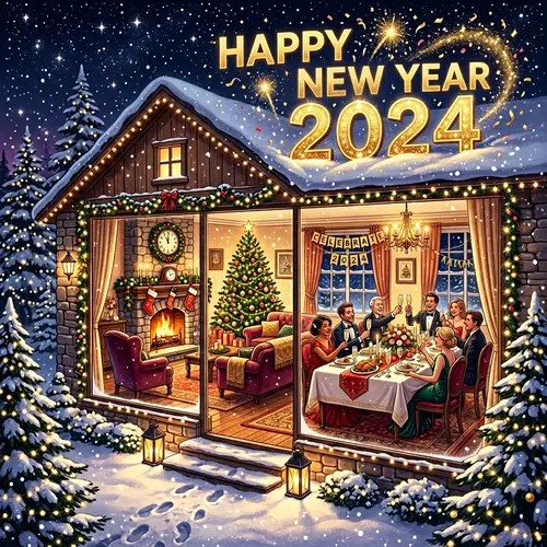 Celebrate New Year 2024 with Magical House and Winter Wonderland Scene