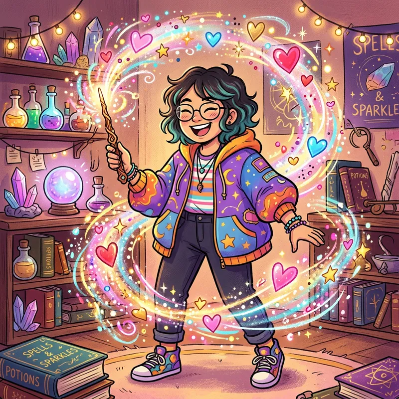 Humorous Cartoon Drawing of Asian Gender-Neutral Person with Magic Wand