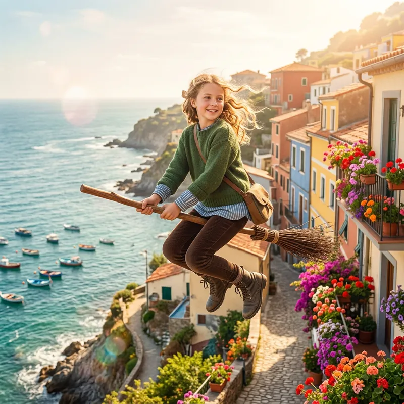 Enchanting Seaside Town: Beautiful Girl, Broom, and Blooms Enchanting Seaside Town: Beautiful Girl, Broom, and Blooms