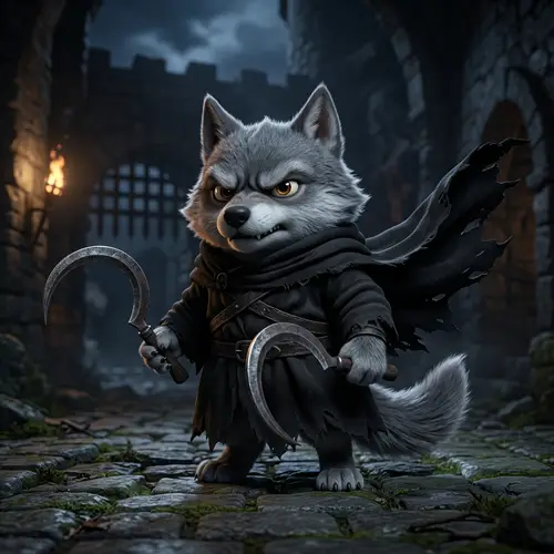 Adorable Grey Wolf Caricature with Sickle | Detailed 3D Render