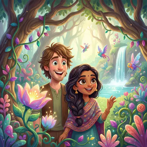 Fantasy Inspired Adam and Eve in Enchanted Garden of Eden - Pixar Style