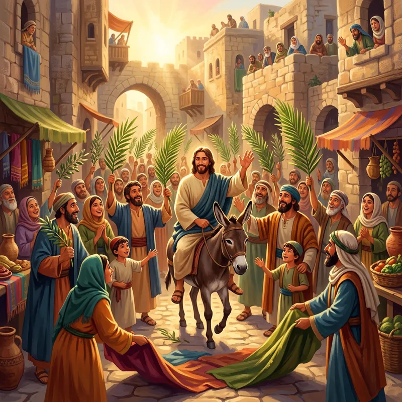 Jesus' Triumphal Entry: Joyful Donkey Ride in Colorful Cityscape