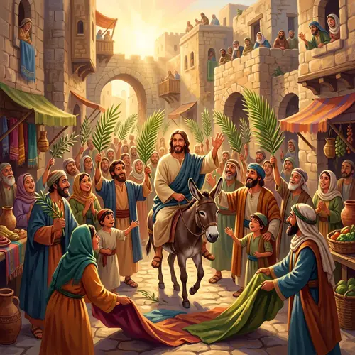 Biblical Scene: Jesus' Triumphal Entry into Vibrant Cityscape