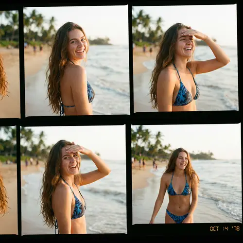 Young Italian Girl in Blue and Black Bikini on Sunlit Beach