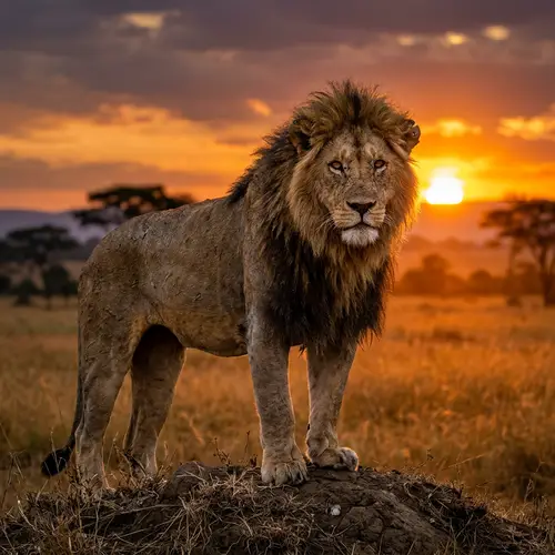 Majestic Ancient Lion with Piercing Eyes Standing at Sunset