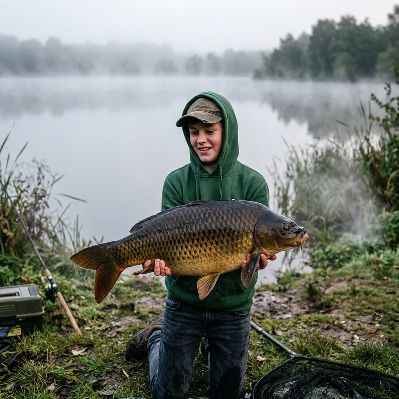 14-Year-Old Boy with 30lb Carp at Foggy Lake 14-Year-Old Boy with 30lb Carp at Foggy Lake