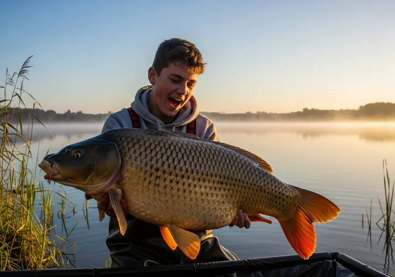 14-Year-Old Boy with 30lb Carp at Foggy Lake