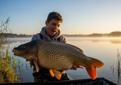 14-Year-Old Boy with 30lb Carp at Foggy Lake