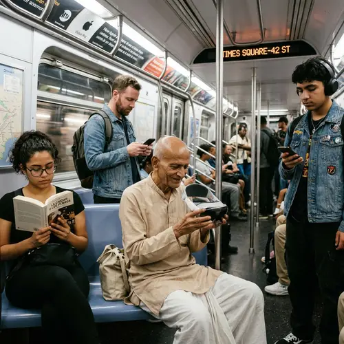 Diverse Commuters on Modern Subway Train with Apple Vision Pro Glasses