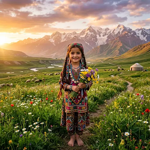 Tajik Girl in Traditional Clothing | Beautiful Mountain Landscape