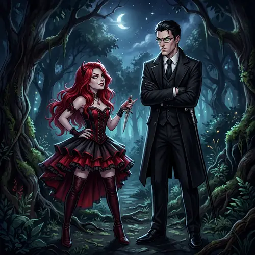 Contrasting Characters in Night Forest | Fiction Illustration