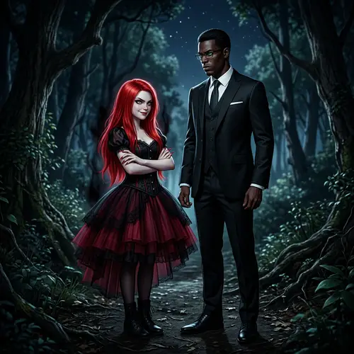 Striking Red-Haired Girl and Serious Black Man in Night Forest