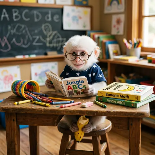 Mischievous Baby Monkey in School Setup