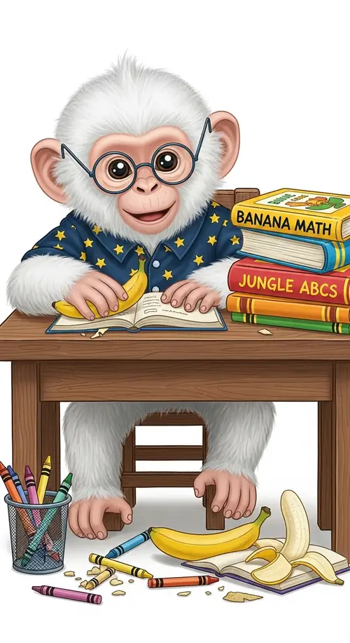 Mischievous Baby Monkey in School Setup