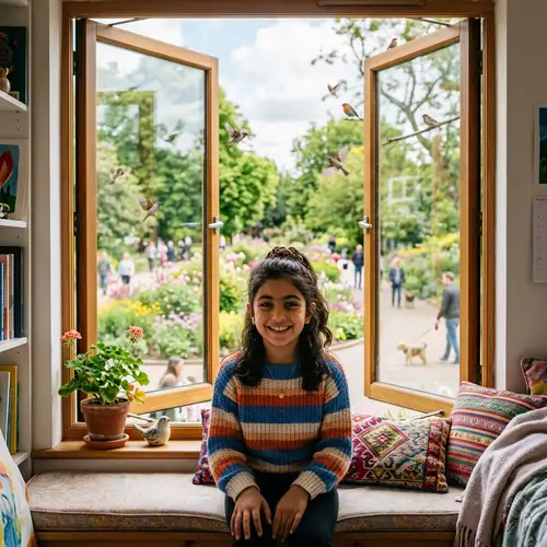 Middle-Eastern Girl Smiling by Room Window - Park View