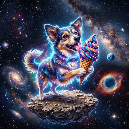 Galactic Dog Enjoying Cosmic Ice Cream in Space