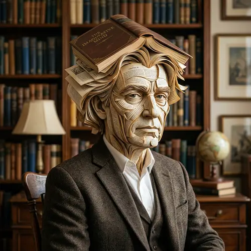 Academic Portrait with Head Made of English Language Book