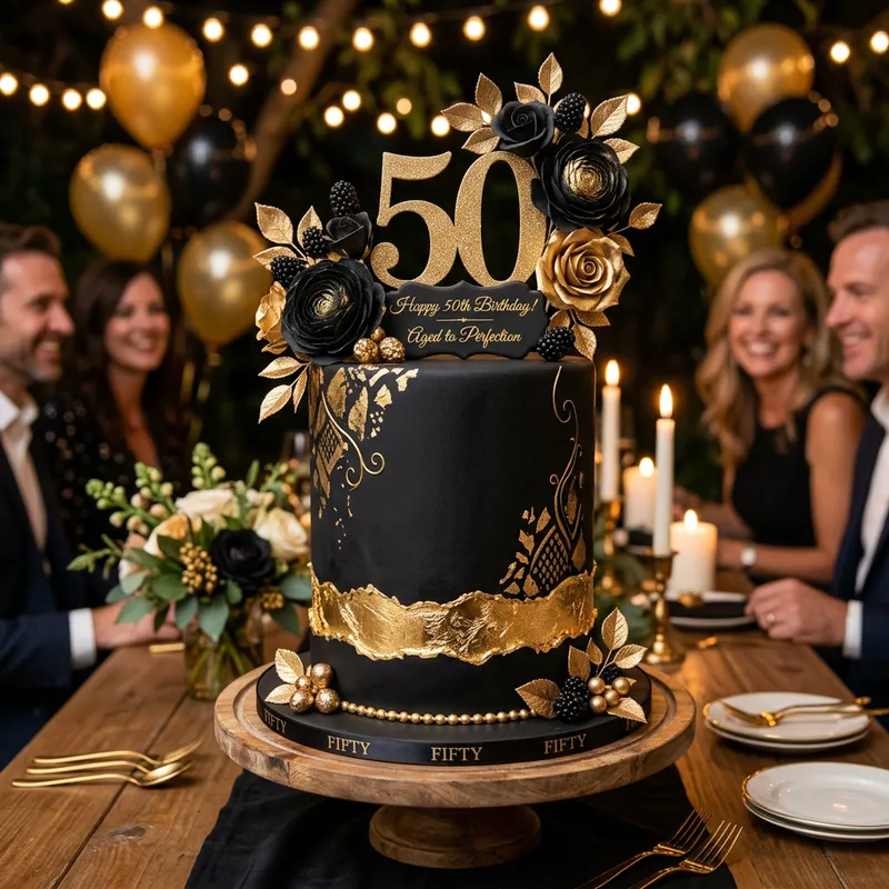 Elegant Black and Gold 50th Birthday Cake Elegant Black and Gold 50th Birthday Cake