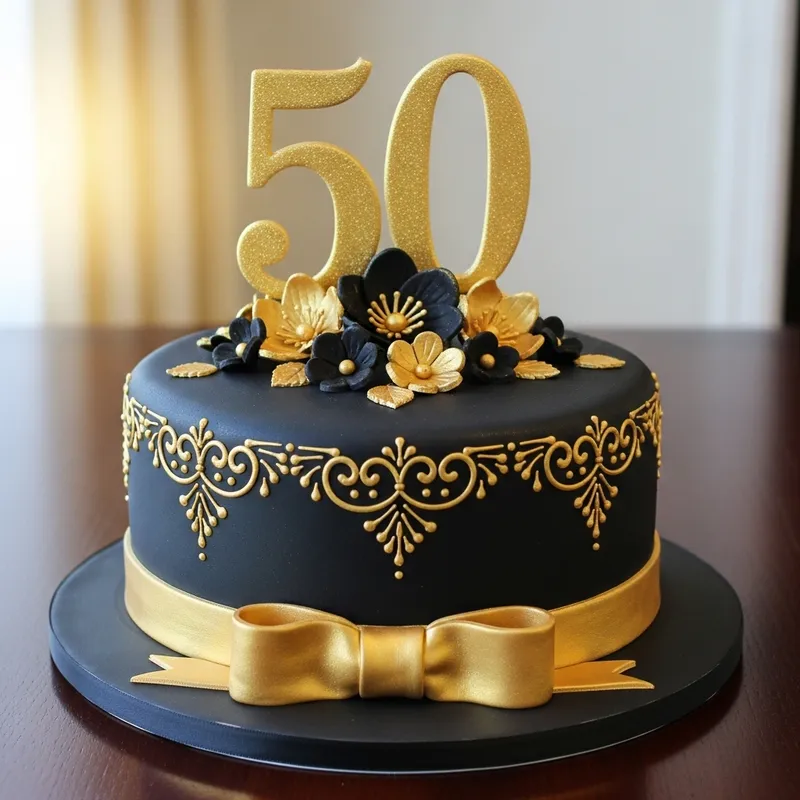 Elegant Black and Gold 50th Birthday Cake