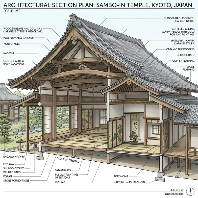 Detailed Section Plan of Sambo-In Temple in Kyoto Japan