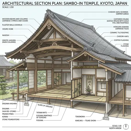 Detailed Section Plan of Sambo-In Temple, Kyoto Japan