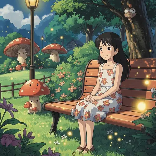 Girl in Ghibli Style Sitting in a Park